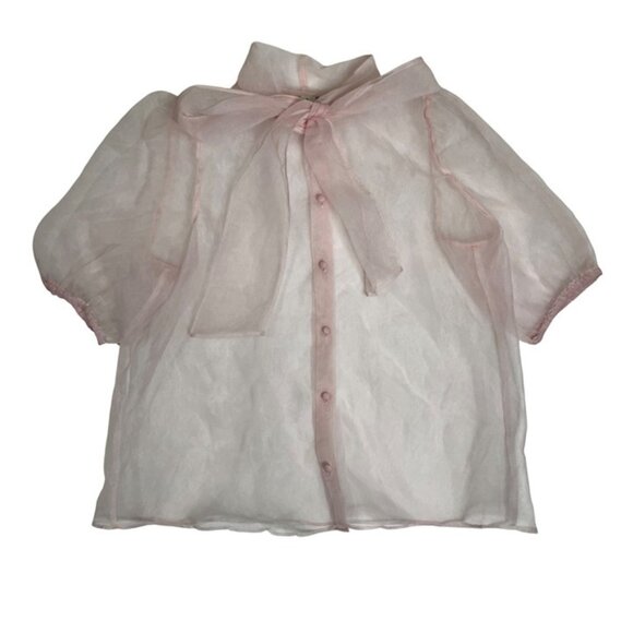 Joie blouse women's M light pink sheer short sleeve blouse button down bow tie - Picture 1 of 4